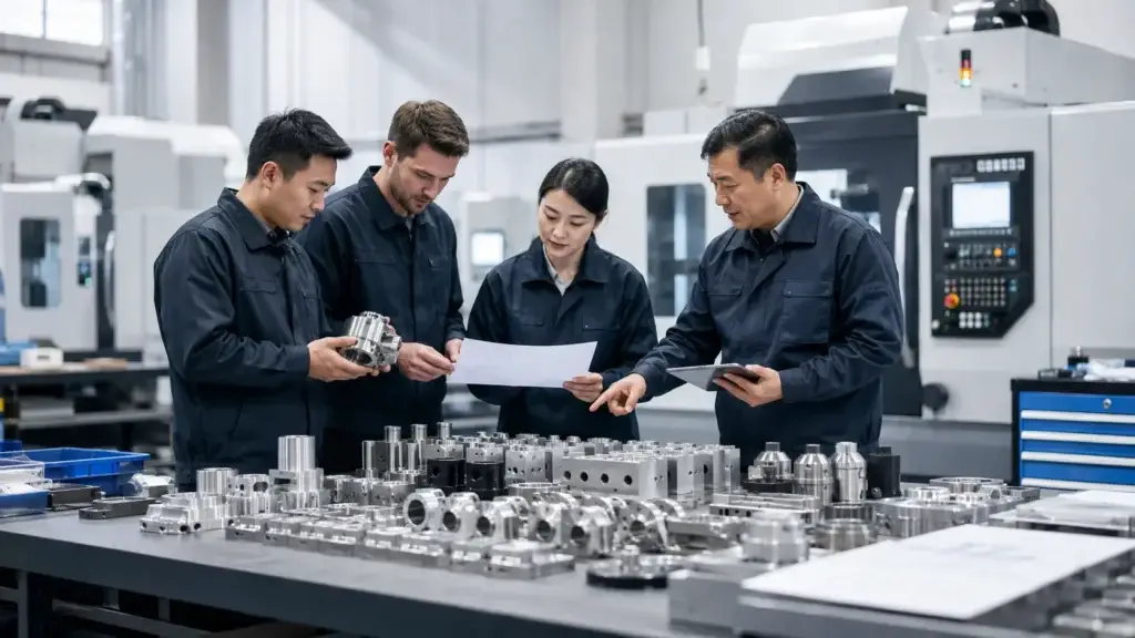 Why OEMs Are Choosing One-Stop CNC Manufacturing Partners in 2026? 2 OEM engineer reviewing CNC machining drawings with a manufacturer